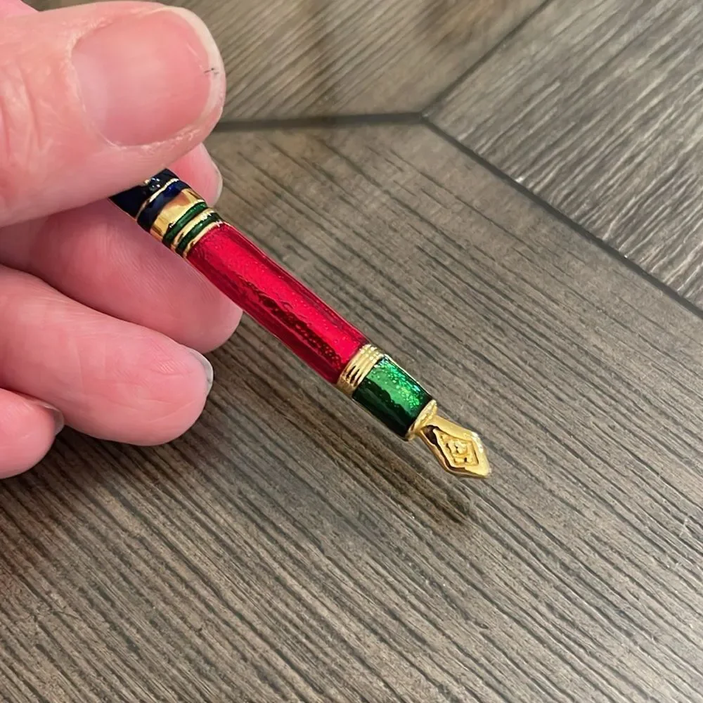Vintage Style Fountain Pen Pin Navy Blue, Red & Green Enamel Accents